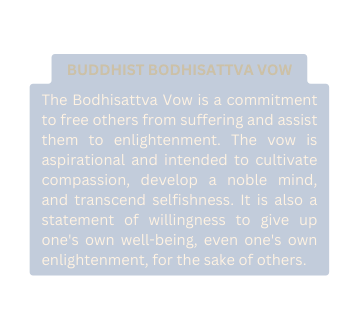 BUDDHIST BODHISATTVA VOW The Bodhisattva Vow is a commitment to free others from suffering and assist them to enlightenment The vow is aspirational and intended to cultivate compassion develop a noble mind and transcend selfishness It is also a statement of willingness to give up one s own well being even one s own enlightenment for the sake of others